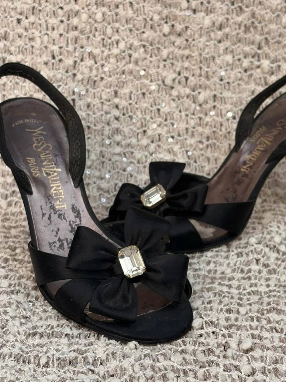 Yves Saint Laurent Black Satin Bow Slingback Heels